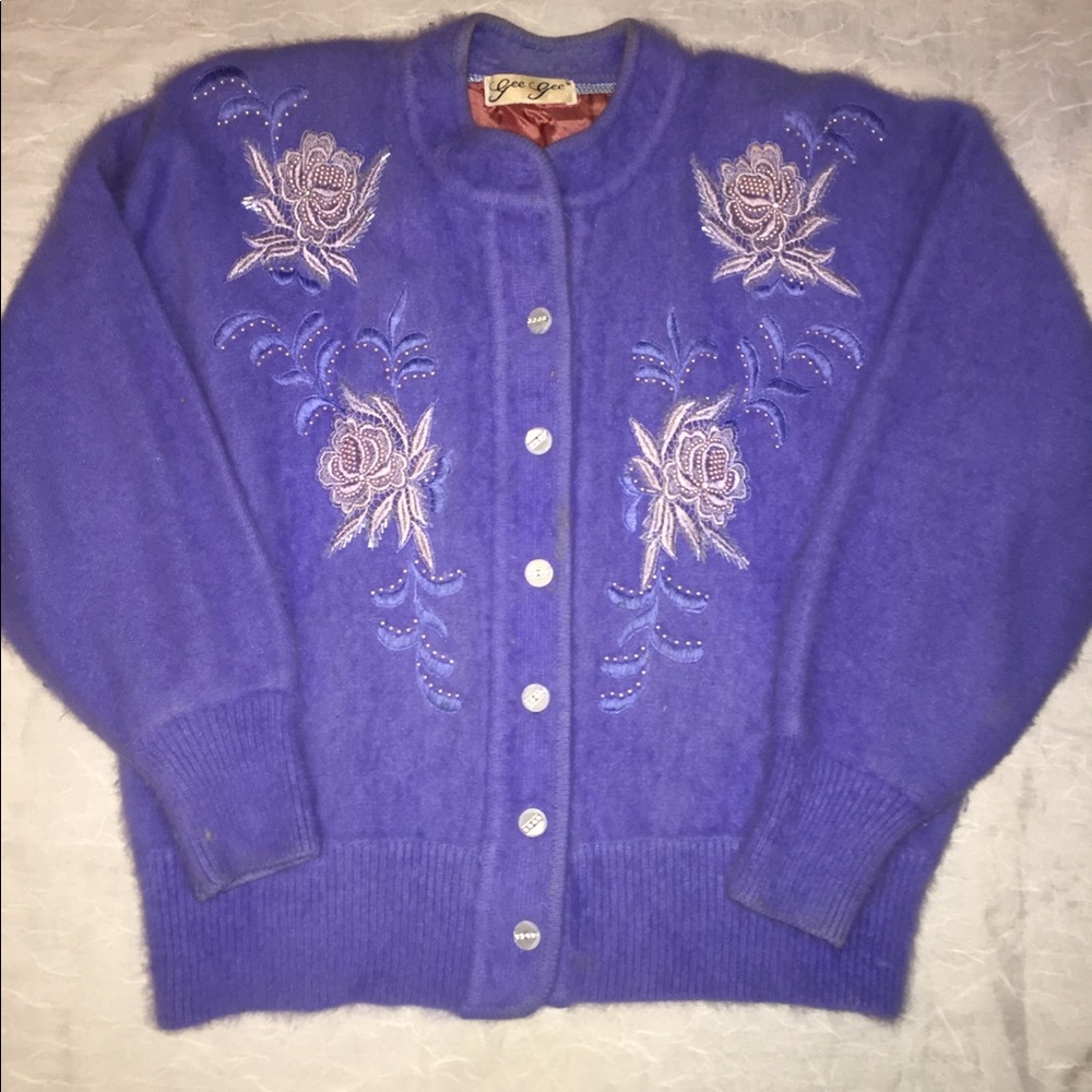 Vintage Gee Gee Periwinkle Angora Cardigan.